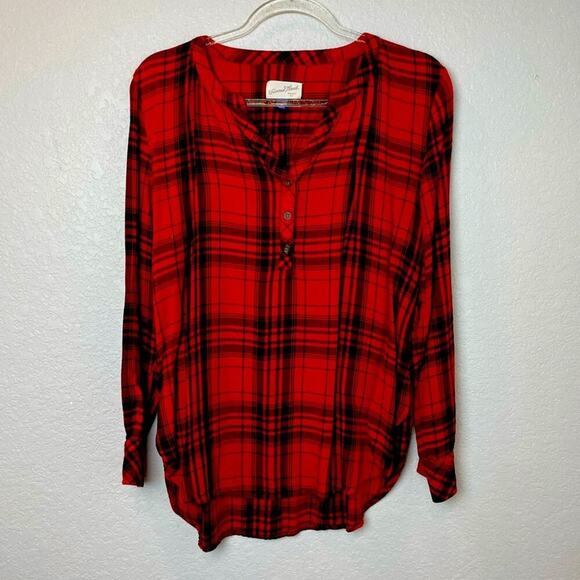 Universal Thread Tops - UNIVERSAL THREAD Burnt Orange & Black Plaid 1/4 Button Down Shirt Size M